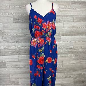 NWT Vijo Couture Women Blue floral tank sleeveless Jumpsuit Front Slits Sz M